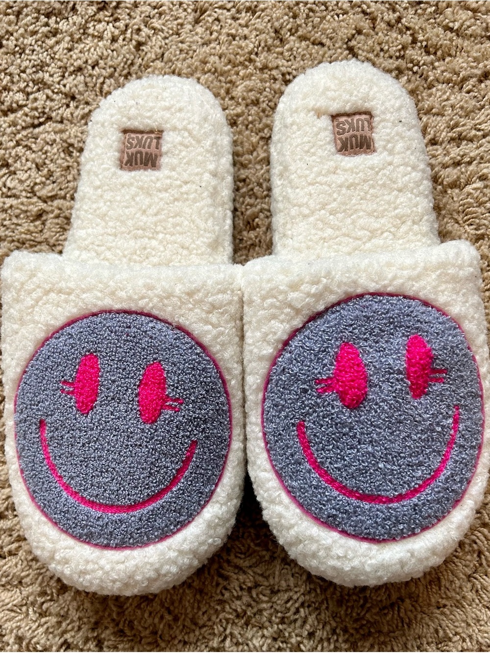 Muk Luks Cream Sherpa Slippers with purpley-Gray & Pink Smiley Faces